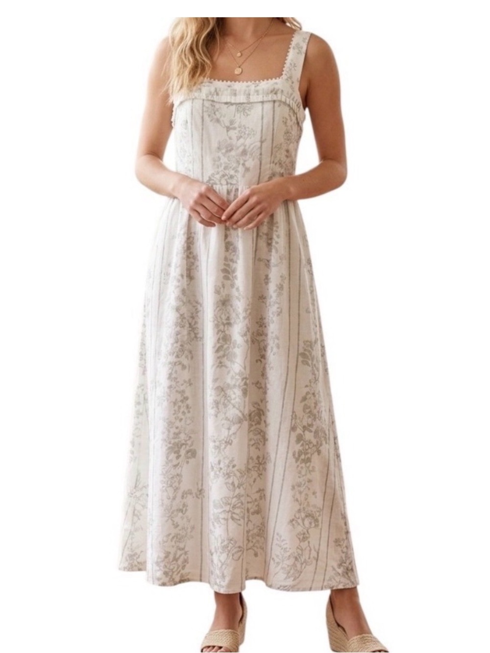 Caroline Constas Sage Green Floral Cottagecore Midi Dress Romantic Prairie Summe - Picture 4 of 9